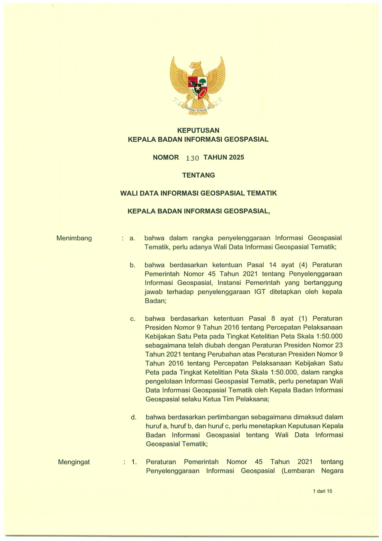 Keputusan BIG nomor 130 Tahun 2025 SK tentang Wali Data Informasi Geospasial Tematik