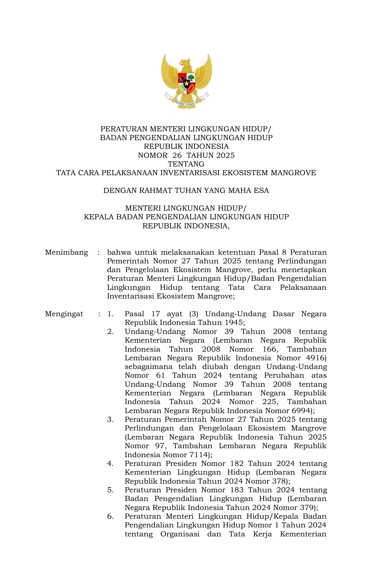 PermenLH 26 2025 Inventarisasi Mangrove