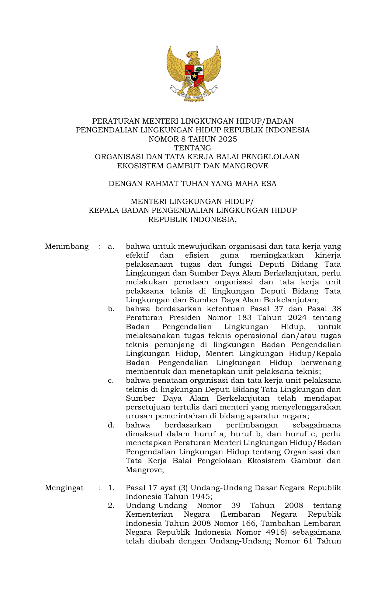PermenLH BPLH 8 2025 Organisasi BPEGM