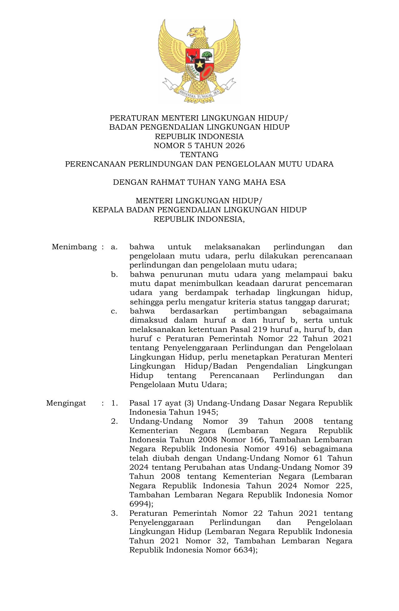 Permen LH No 5 tentang Perencanaan Perlindungan dan Pengelolaan Mutu Udara