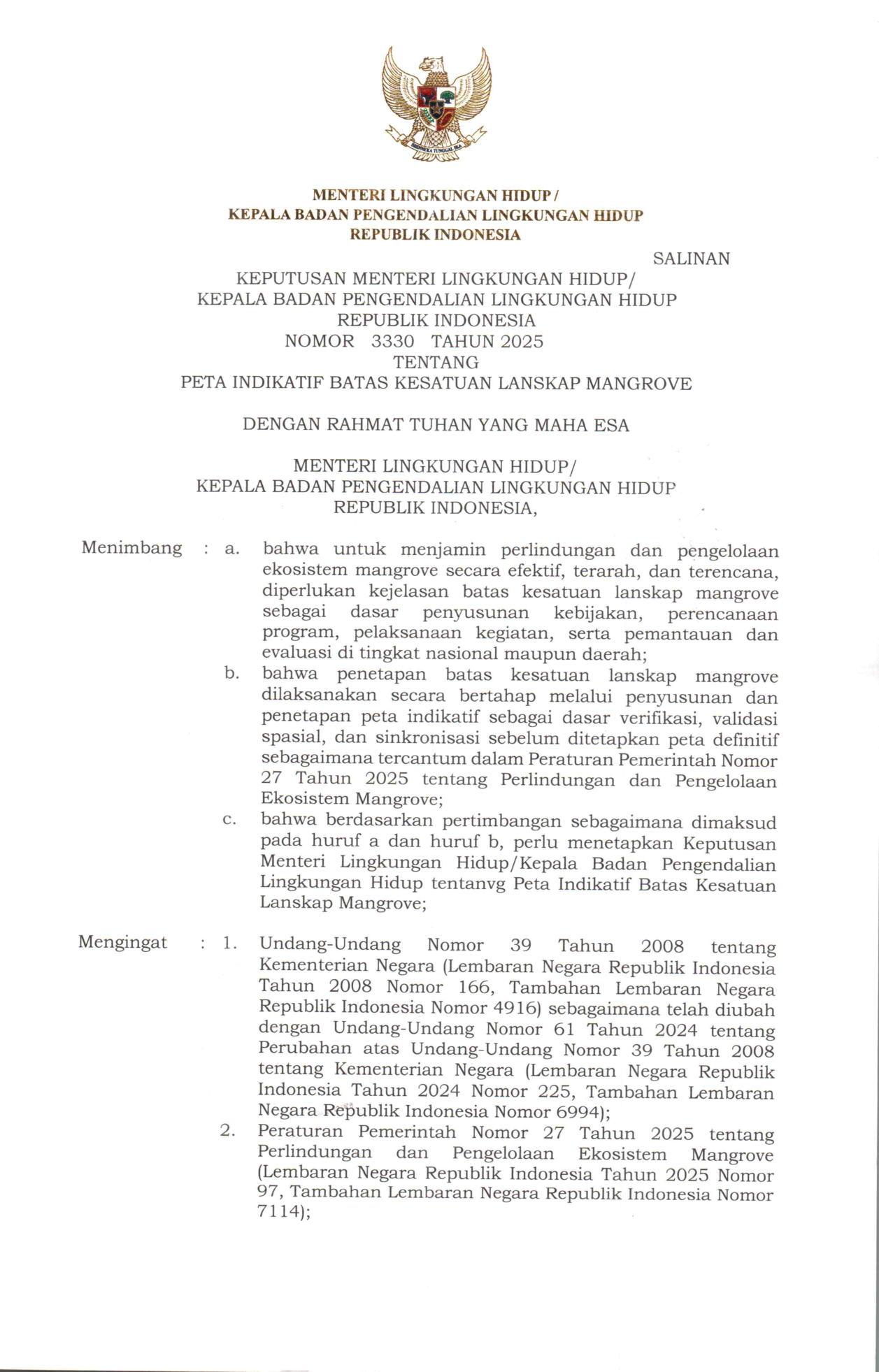 SK 3330 TAHUN 2025 Peta Indikatif Batas Kesatuan Lanskap Mangrove (KLM)