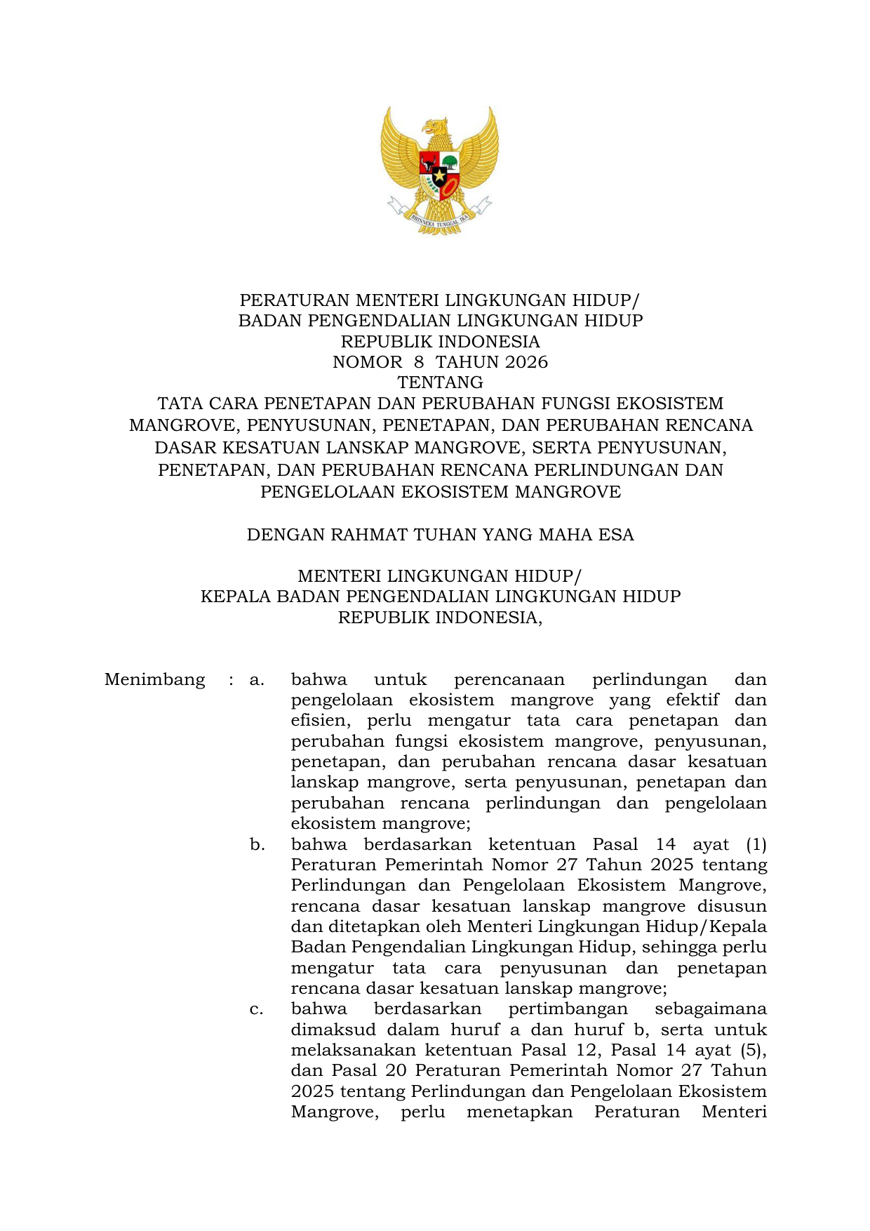 Permen LH No 8 Tahun 2026 tentang Tata Cara Penetapan dan Perubahan Fungsi Mangrove